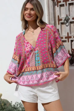 - Gabriella Top: Mandarin Collar Deep V Neck Crochet Trim Top in Cedella Print><noscript><img width=