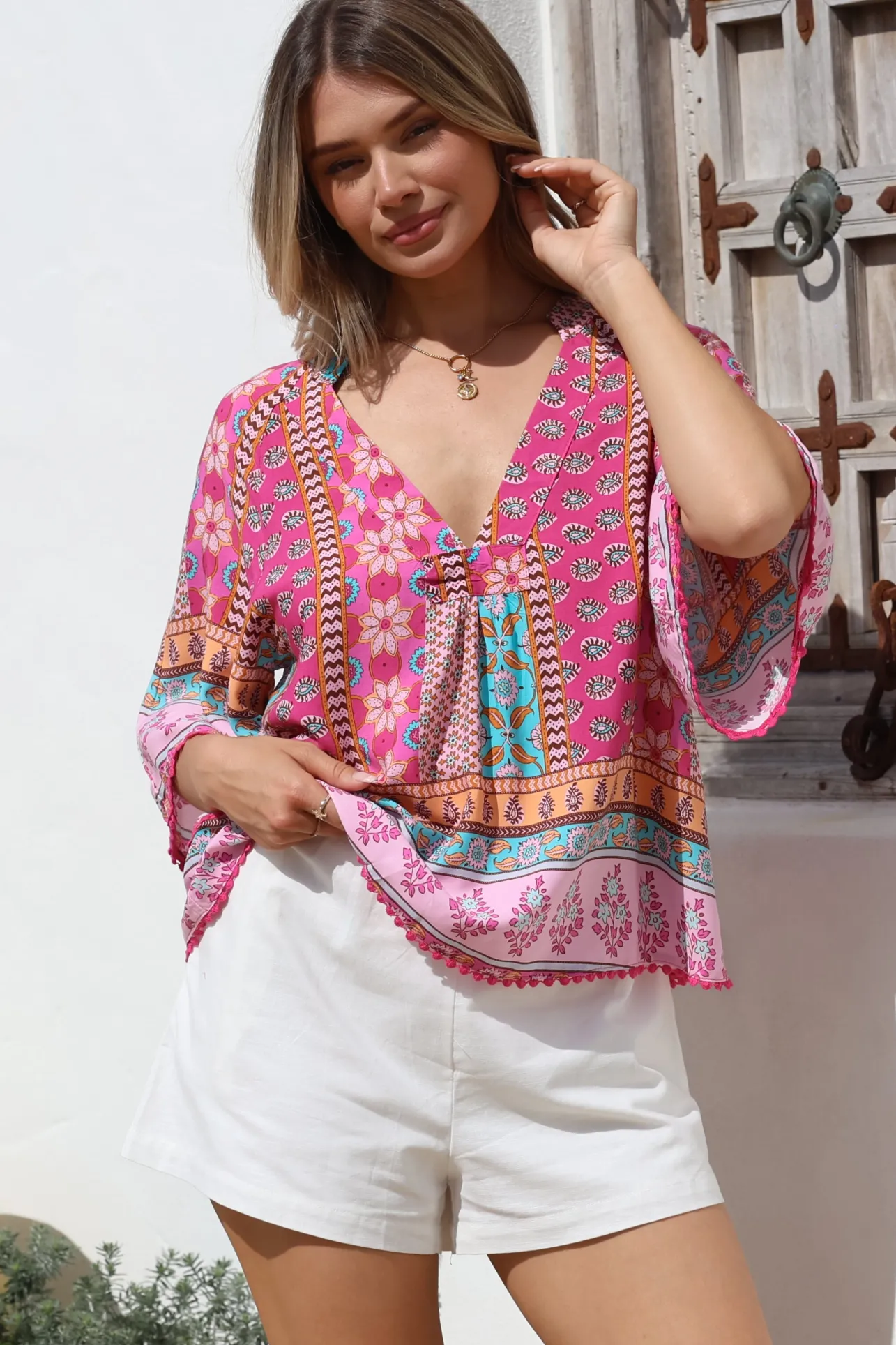 - Gabriella Top: Mandarin Collar Deep V Neck Crochet Trim Top in Cedella Print>Jaase Clearance