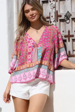 - Gabriella Top: Mandarin Collar Deep V Neck Crochet Trim Top in Cedella Print><noscript><img width=