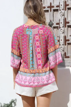 - Gabriella Top: Mandarin Collar Deep V Neck Crochet Trim Top in Cedella Print><noscript><img width=