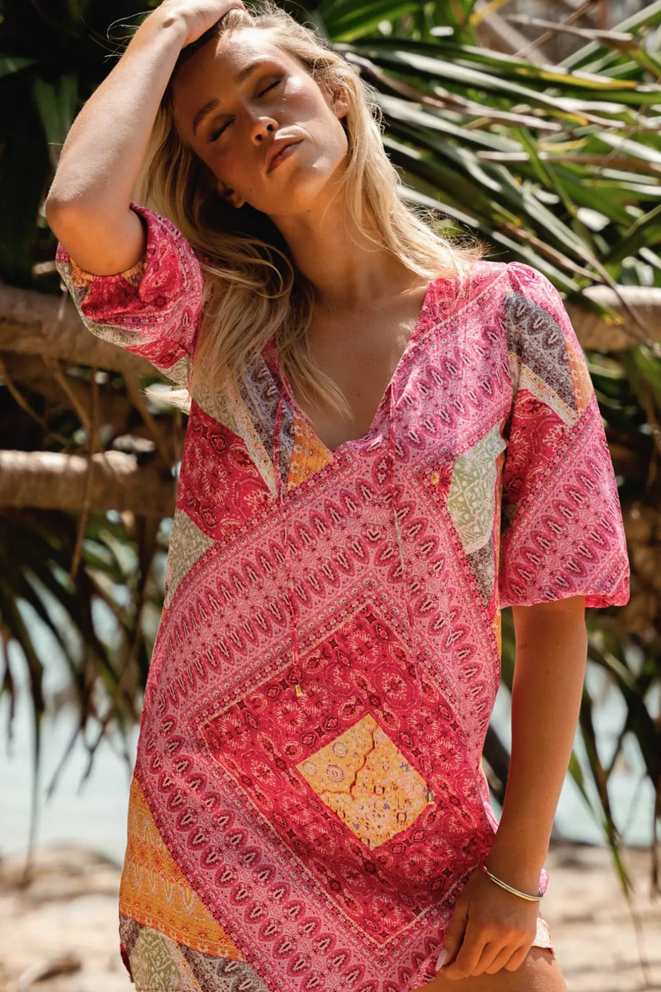 - Lake Mini Dress: V Neck Shift Dress With Balloon Sleeves in Viva Bonita Print>Jaase