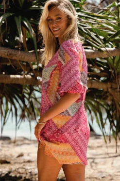 - Lake Mini Dress: V Neck Shift Dress With Balloon Sleeves in Viva Bonita Print><noscript><img width=