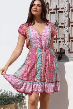 - Lizzie Mini Dress: Butterfly Cap Sleeve Button Down Dress with Pockets in Cedella Print><noscript><img width=