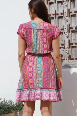- Lizzie Mini Dress: Butterfly Cap Sleeve Button Down Dress with Pockets in Cedella Print><noscript><img width=