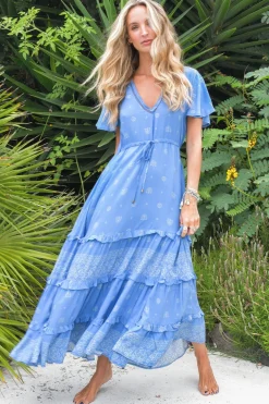 - Lolana Maxi Dress: V-Neck Tiered Dress with Pull Tie Waist in Azure Sky Print>Jaase Clearance