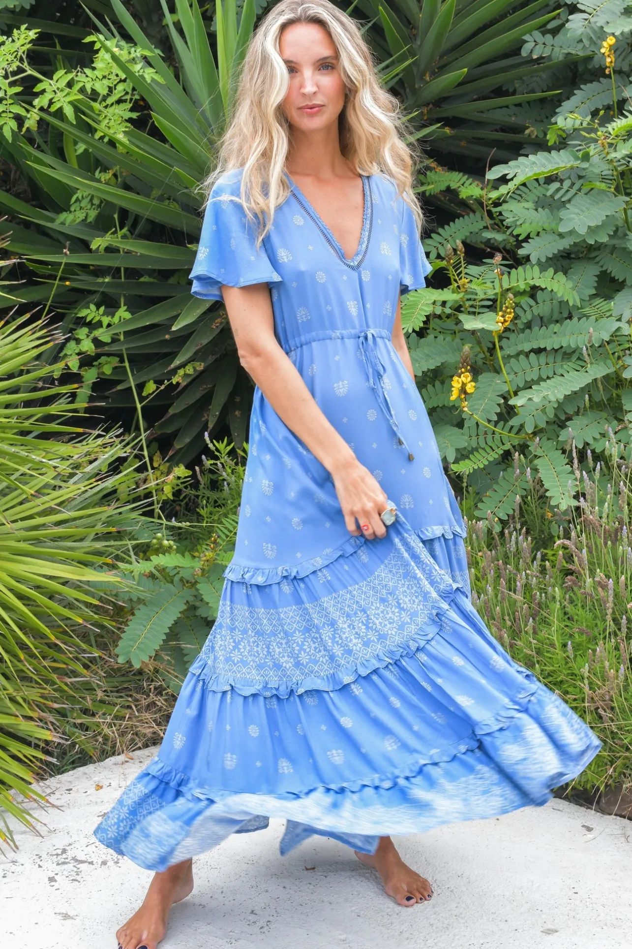- Lolana Maxi Dress: V-Neck Tiered Dress with Pull Tie Waist in Azure Sky Print>Jaase Clearance