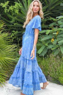 - Lolana Maxi Dress: V-Neck Tiered Dress with Pull Tie Waist in Azure Sky Print><noscript><img width=