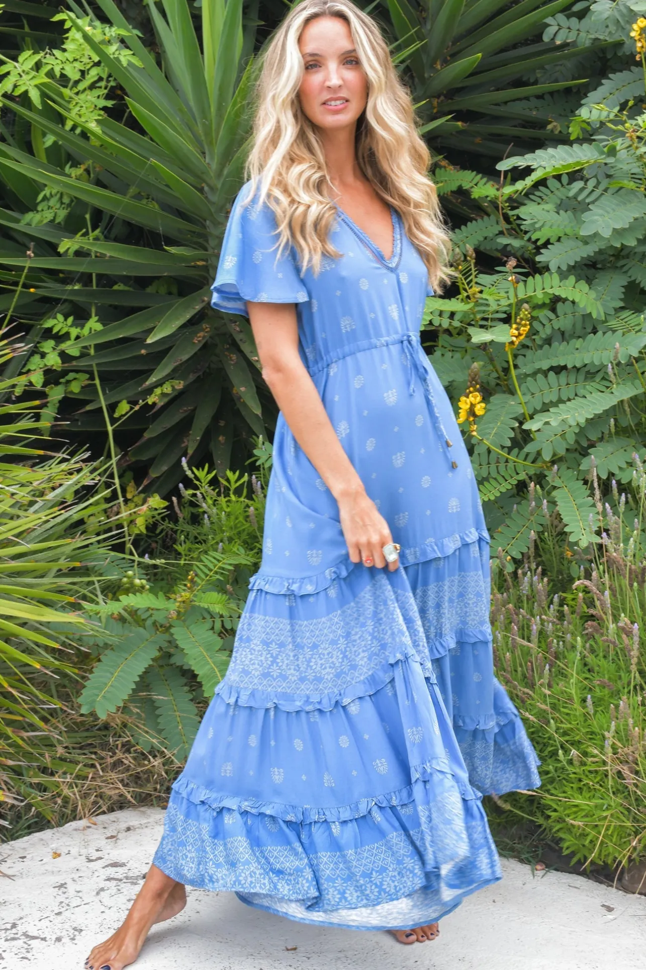 - Lolana Maxi Dress: V-Neck Tiered Dress with Pull Tie Waist in Azure Sky Print>Jaase Clearance