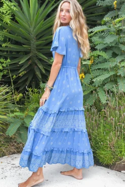 - Lolana Maxi Dress: V-Neck Tiered Dress with Pull Tie Waist in Azure Sky Print><noscript><img width=