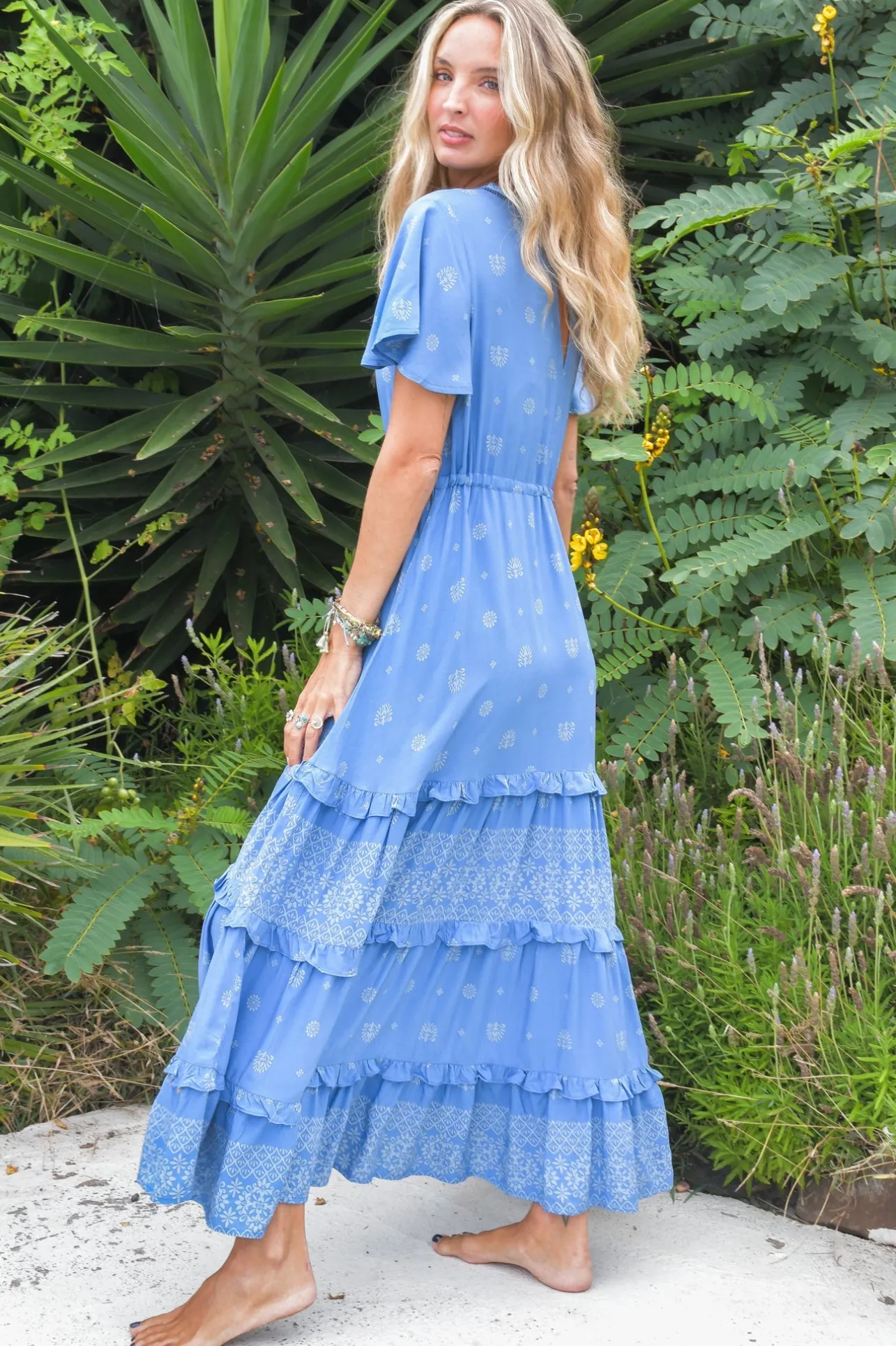 - Lolana Maxi Dress: V-Neck Tiered Dress with Pull Tie Waist in Azure Sky Print>Jaase Clearance