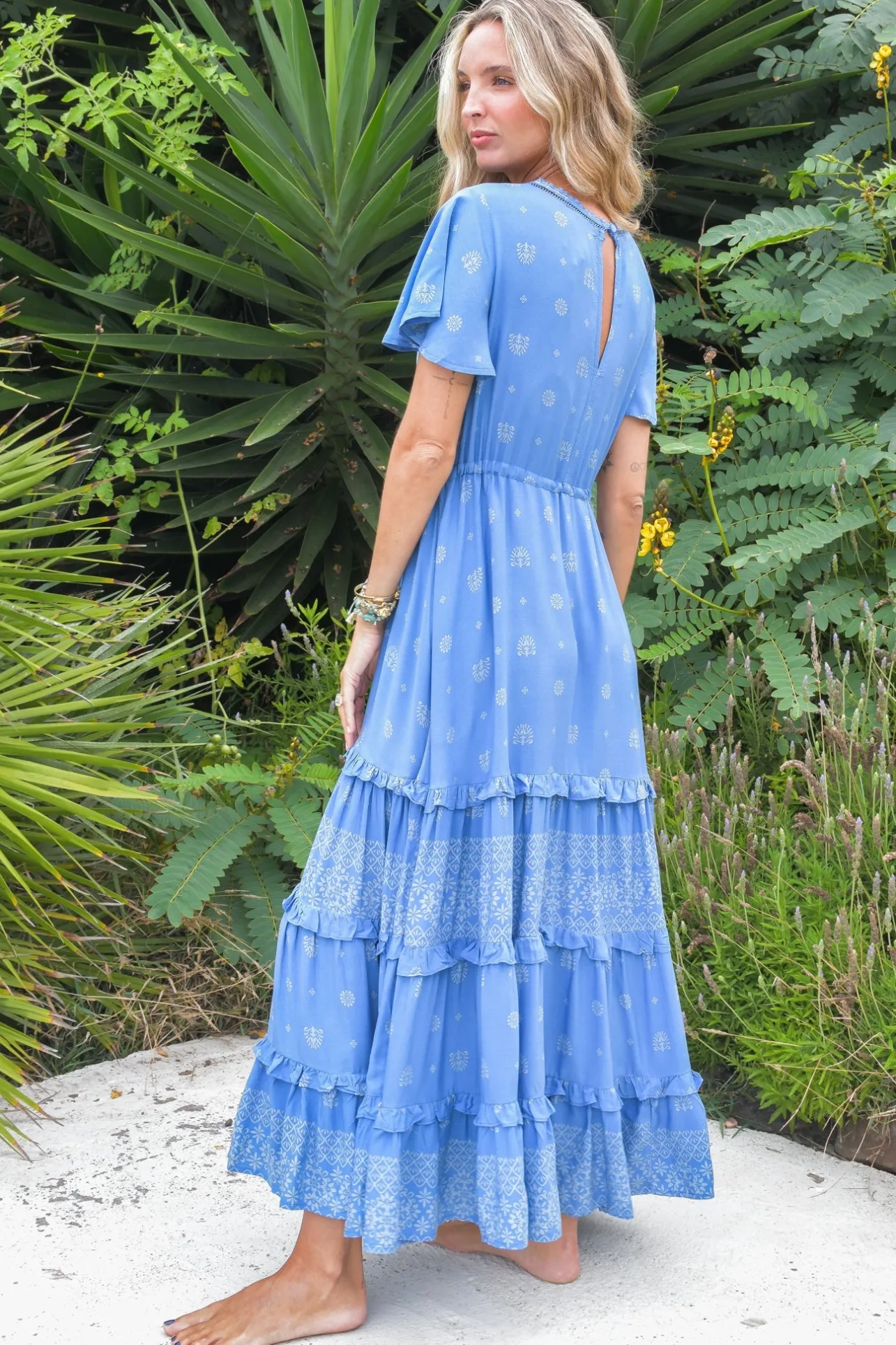 - Lolana Maxi Dress: V-Neck Tiered Dress with Pull Tie Waist in Azure Sky Print>Jaase Clearance