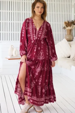 - Teresa Maxi Dress: A Line Dress with Long Balloon Sleeves in Rhubarb Kiva Print>Jaase Online