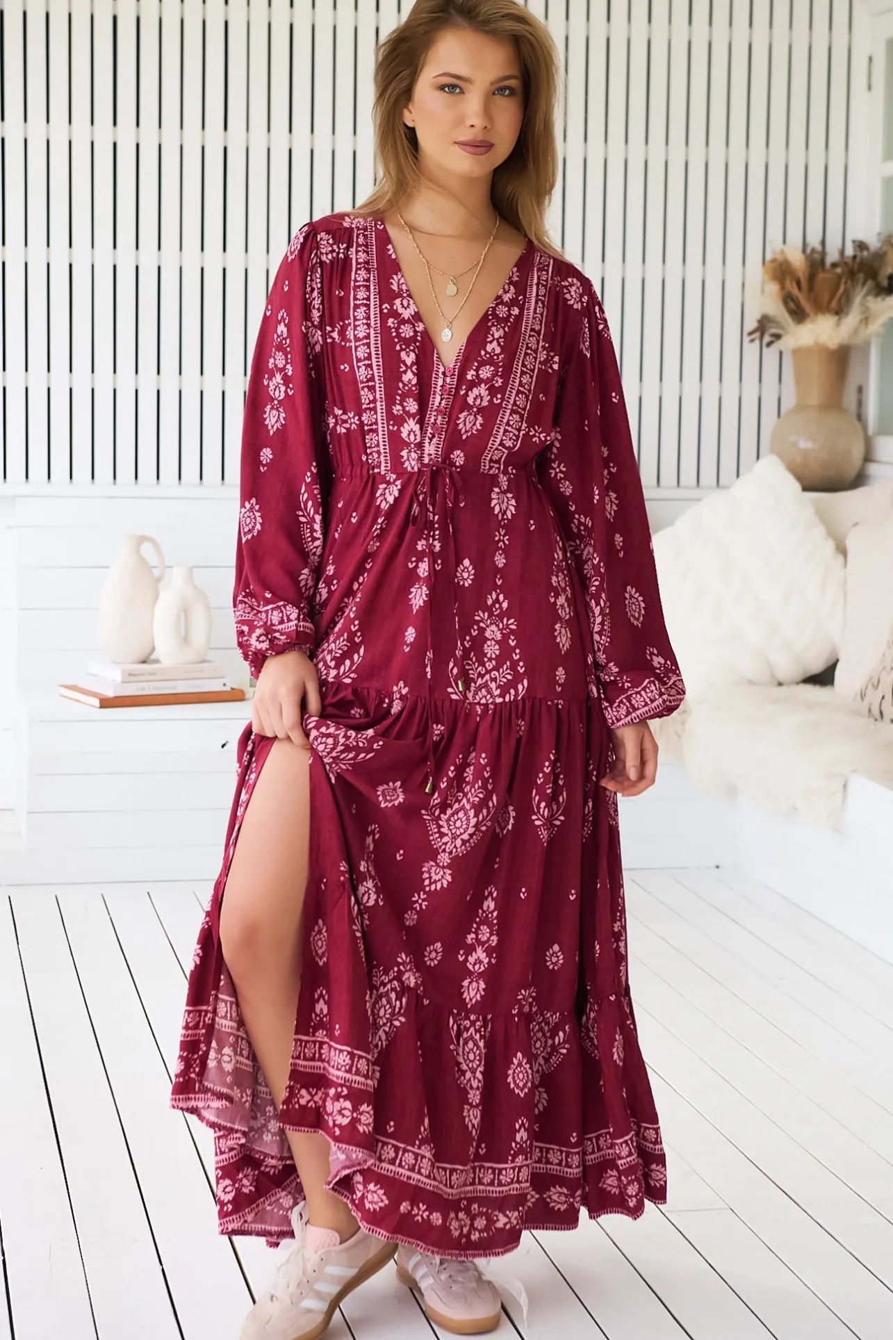 - Teresa Maxi Dress: A Line Dress with Long Balloon Sleeves in Rhubarb Kiva Print>Jaase Online