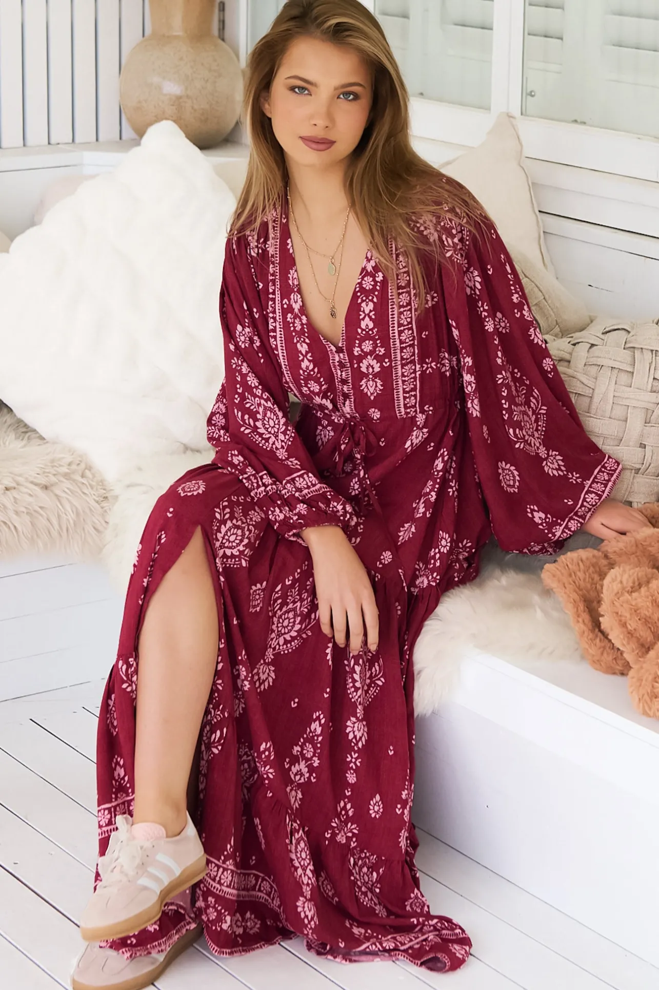 - Teresa Maxi Dress: A Line Dress with Long Balloon Sleeves in Rhubarb Kiva Print>Jaase Online
