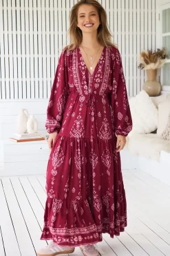 - Teresa Maxi Dress: A Line Dress with Long Balloon Sleeves in Rhubarb Kiva Print><noscript><img width=