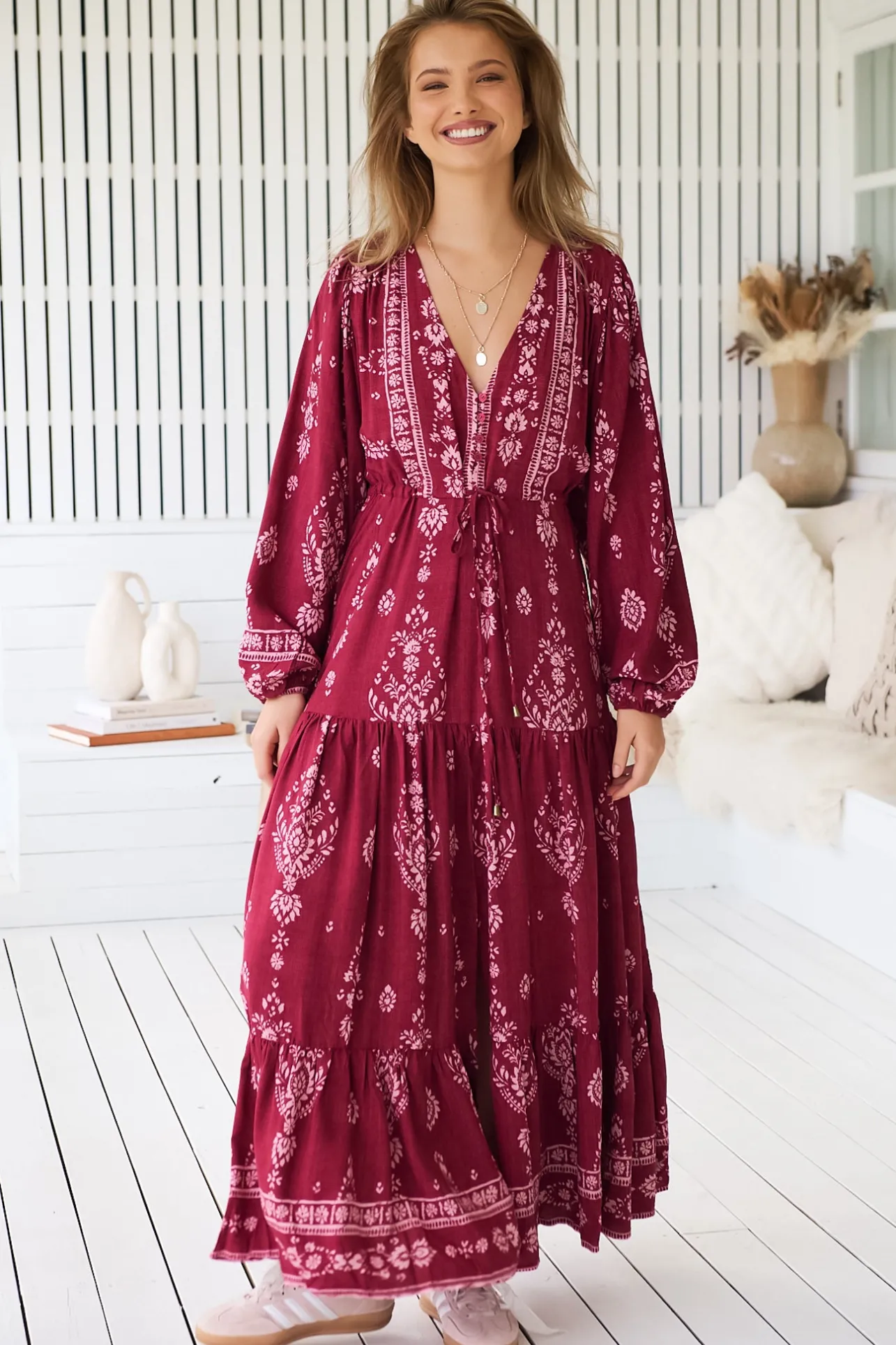 - Teresa Maxi Dress: A Line Dress with Long Balloon Sleeves in Rhubarb Kiva Print>Jaase Online