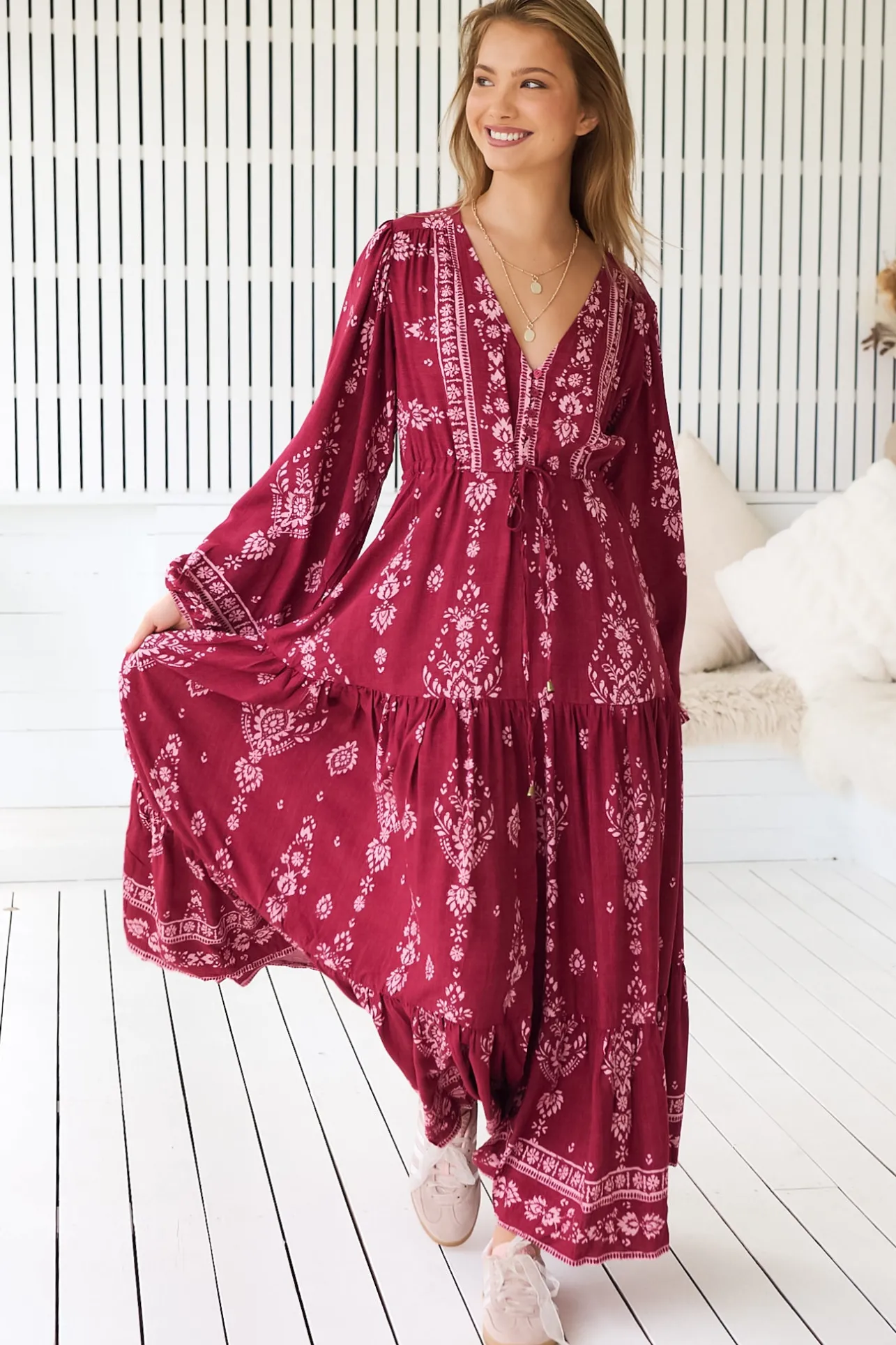 - Teresa Maxi Dress: A Line Dress with Long Balloon Sleeves in Rhubarb Kiva Print>Jaase Online