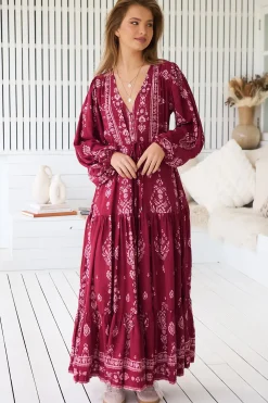 - Teresa Maxi Dress: A Line Dress with Long Balloon Sleeves in Rhubarb Kiva Print><noscript><img width=