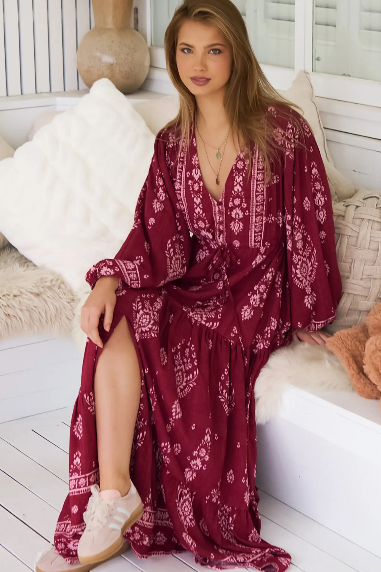 - Teresa Maxi Dress: A Line Dress with Long Balloon Sleeves in Rhubarb Kiva Print>Jaase Online