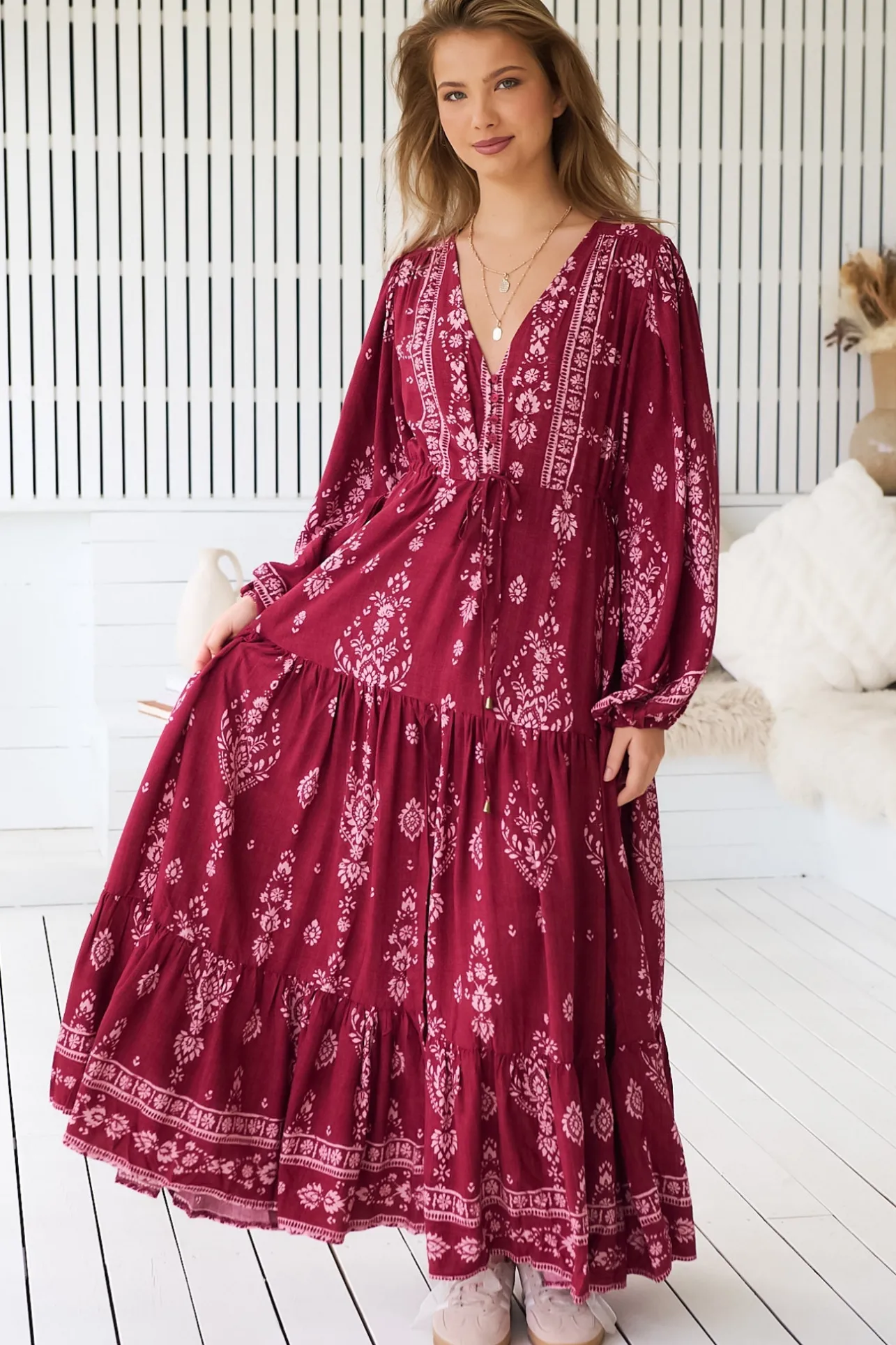 - Teresa Maxi Dress: A Line Dress with Long Balloon Sleeves in Rhubarb Kiva Print>Jaase Online