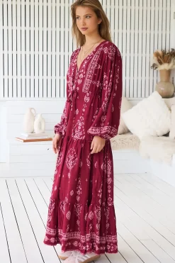 - Teresa Maxi Dress: A Line Dress with Long Balloon Sleeves in Rhubarb Kiva Print><noscript><img width=