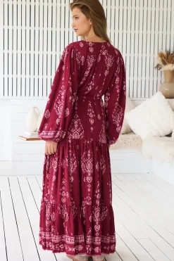 - Teresa Maxi Dress: A Line Dress with Long Balloon Sleeves in Rhubarb Kiva Print><noscript><img width=