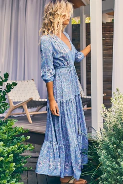 - Tessa Maxi Dress: A Line Pull Tie Waist Dress in Butterfly Fields Print><noscript><img width=
