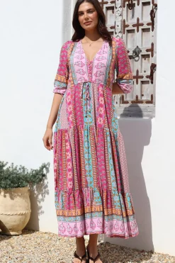 JAASE - Tessa Maxi Dress: A Line Pull Tie Waist Dress in Cedella Print>Salty Crush Best