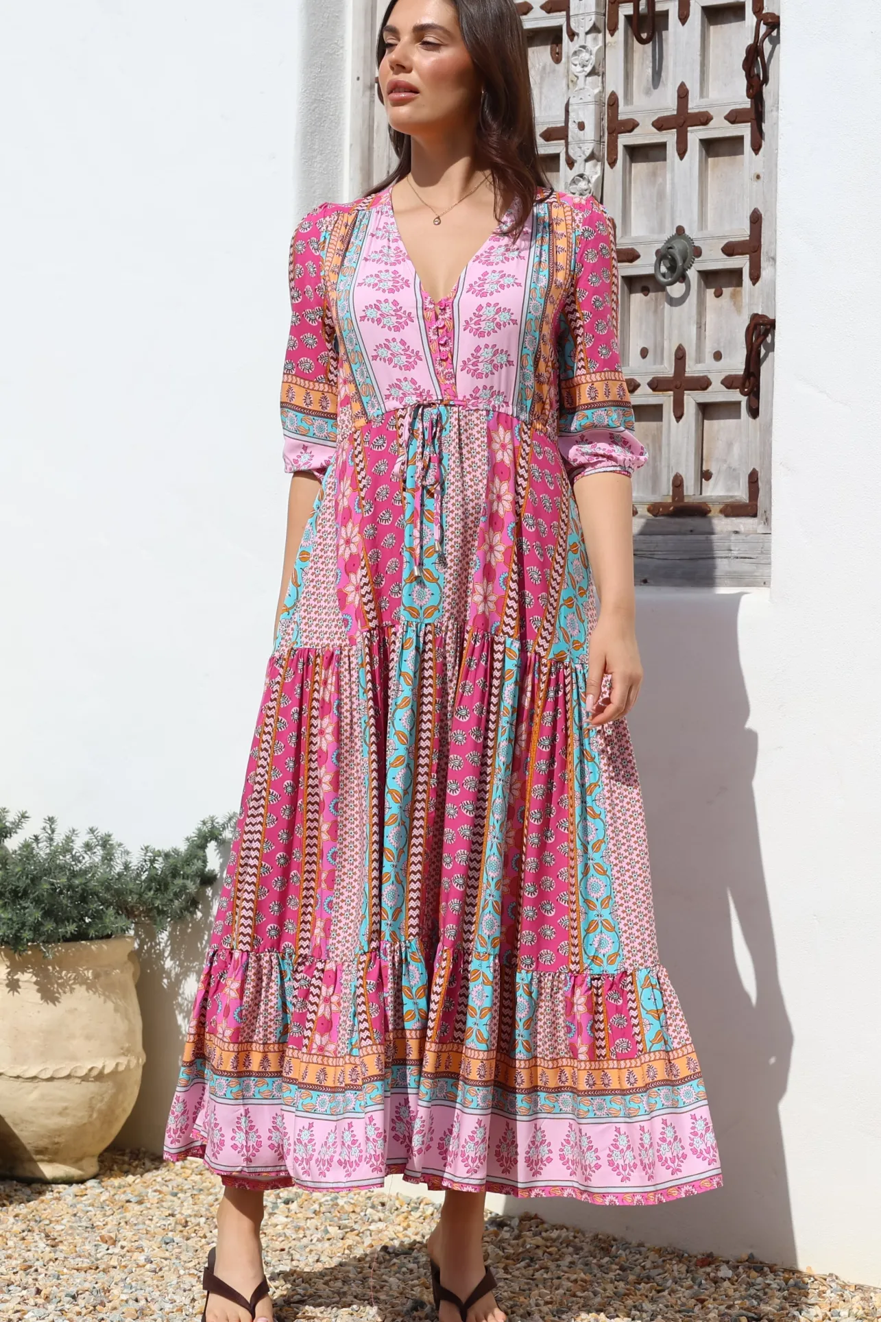 JAASE - Tessa Maxi Dress: A Line Pull Tie Waist Dress in Cedella Print>Salty Crush Best