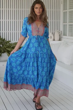 - Tessa Maxi Dress: A Line Pull Tie Waist Dress in Take Me On Vacay Print><noscript><img width=