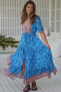 - Tessa Maxi Dress: A Line Pull Tie Waist Dress in Take Me On Vacay Print><noscript><img width=