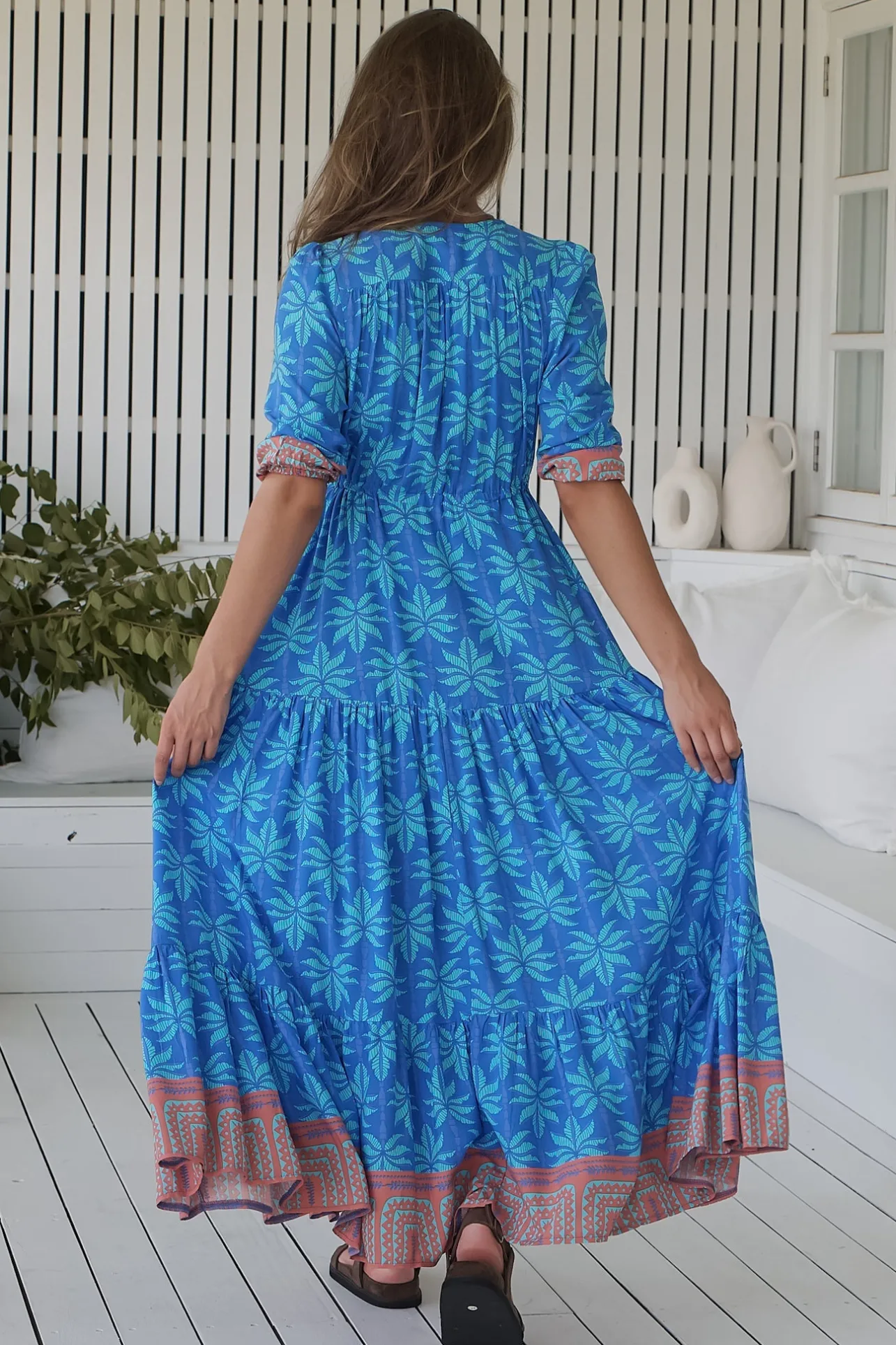 - Tessa Maxi Dress: A Line Pull Tie Waist Dress in Take Me On Vacay Print>Jaase Best