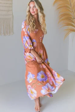 - Tulli Midi Dress: Shirred Bodice Balloon Sleeve Midi in Amara Bloom Print>Jaase Hot