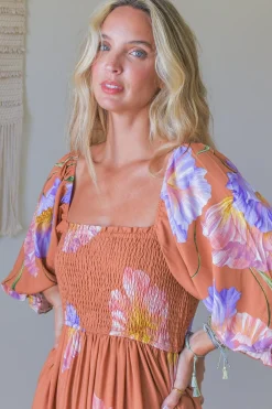- Tulli Midi Dress: Shirred Bodice Balloon Sleeve Midi in Amara Bloom Print><noscript><img width=