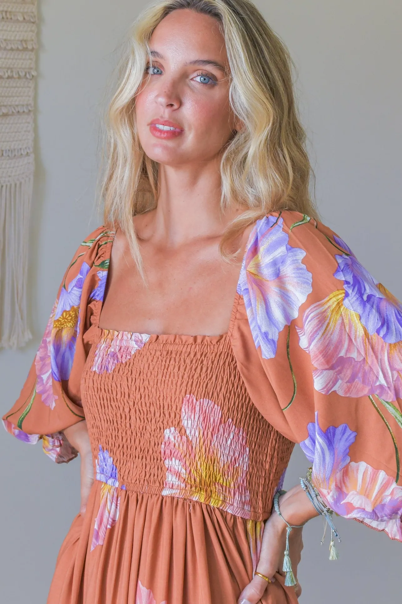 - Tulli Midi Dress: Shirred Bodice Balloon Sleeve Midi in Amara Bloom Print>Jaase Hot