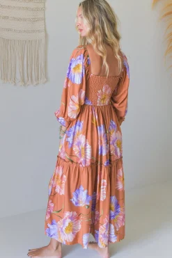 - Tulli Midi Dress: Shirred Bodice Balloon Sleeve Midi in Amara Bloom Print><noscript><img width=
