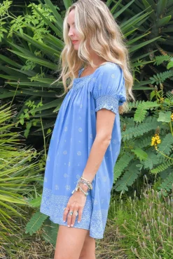 - Zayli Mini Dress: Lace Trim Neckline Shift Dress with Short Puff Sleeves in Azure Sky Print><noscript><img width=