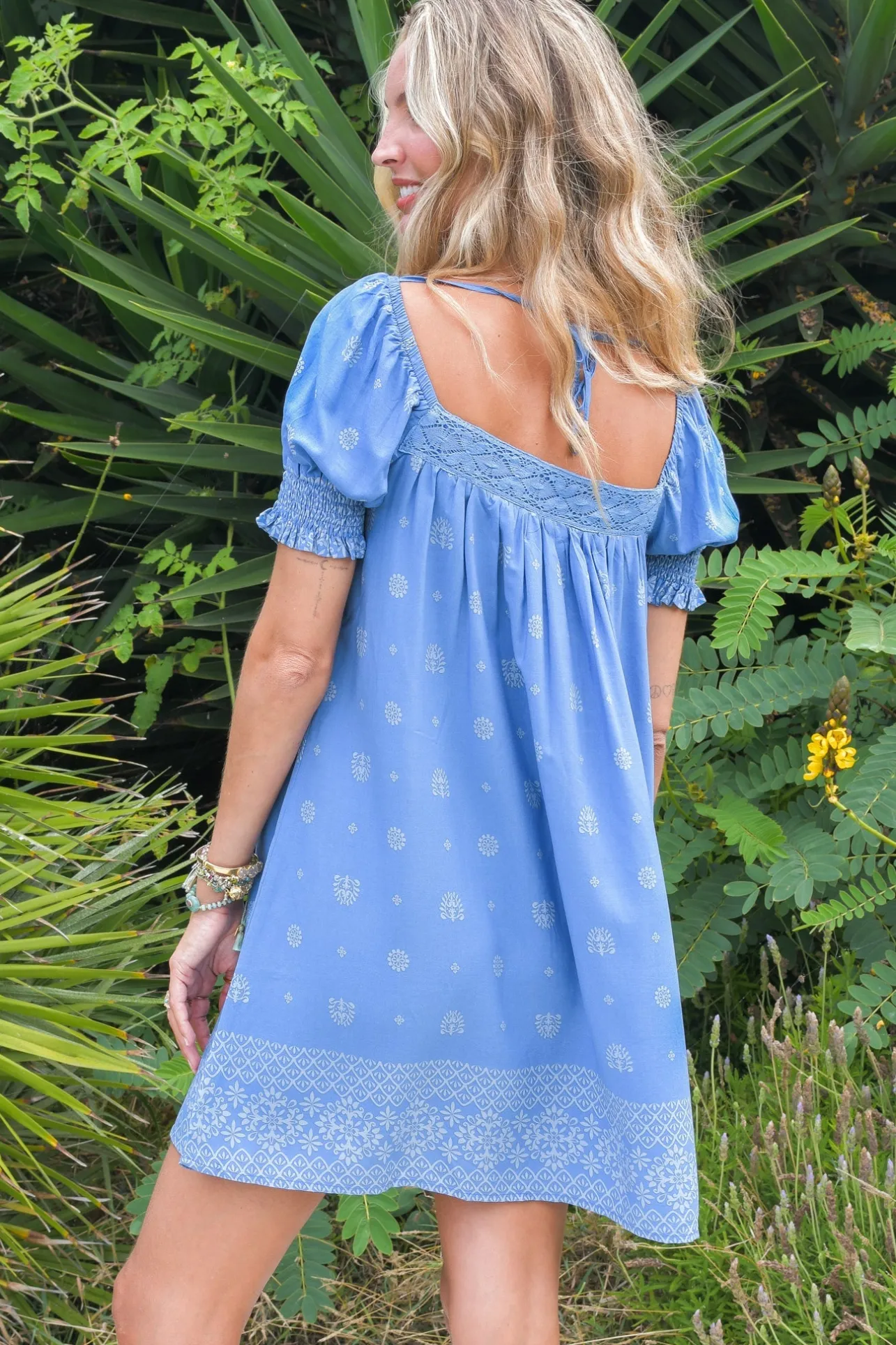 - Zayli Mini Dress: Lace Trim Neckline Shift Dress with Short Puff Sleeves in Azure Sky Print>Jaase Clearance