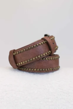 Jace PU Leather Gold Buckle Studded Belt - Brown><noscript><img width=