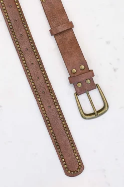 Jace PU Leather Gold Buckle Studded Belt - Brown><noscript><img width=