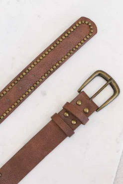 Jace PU Leather Gold Buckle Studded Belt - Brown><noscript><img width=