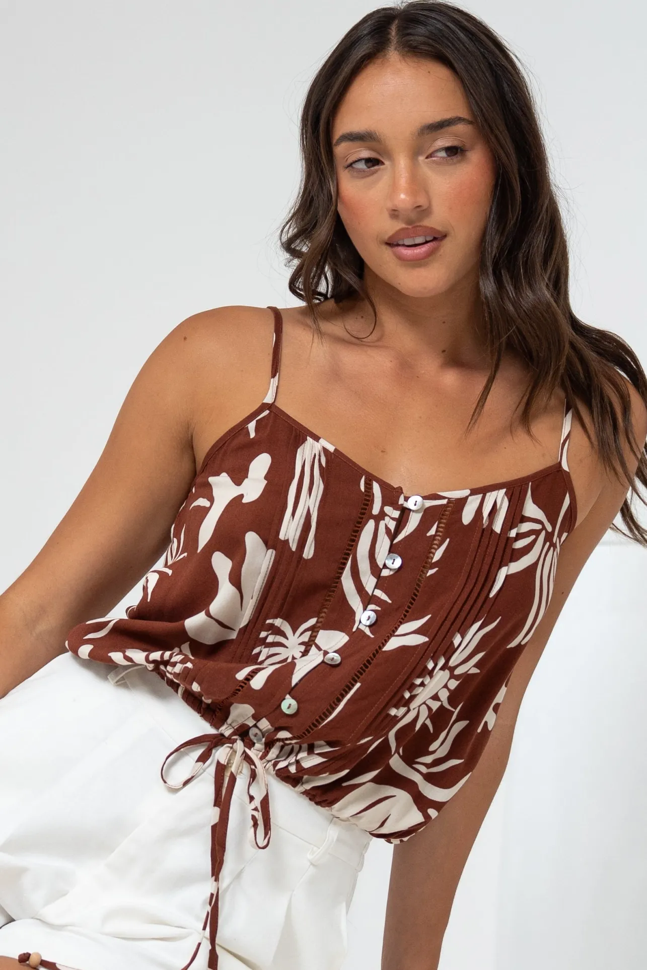 Jade Crop Top - V-Neck Button Down Pull Tie Waist Crop in Stassie Print Brown>Salty Crush Discount