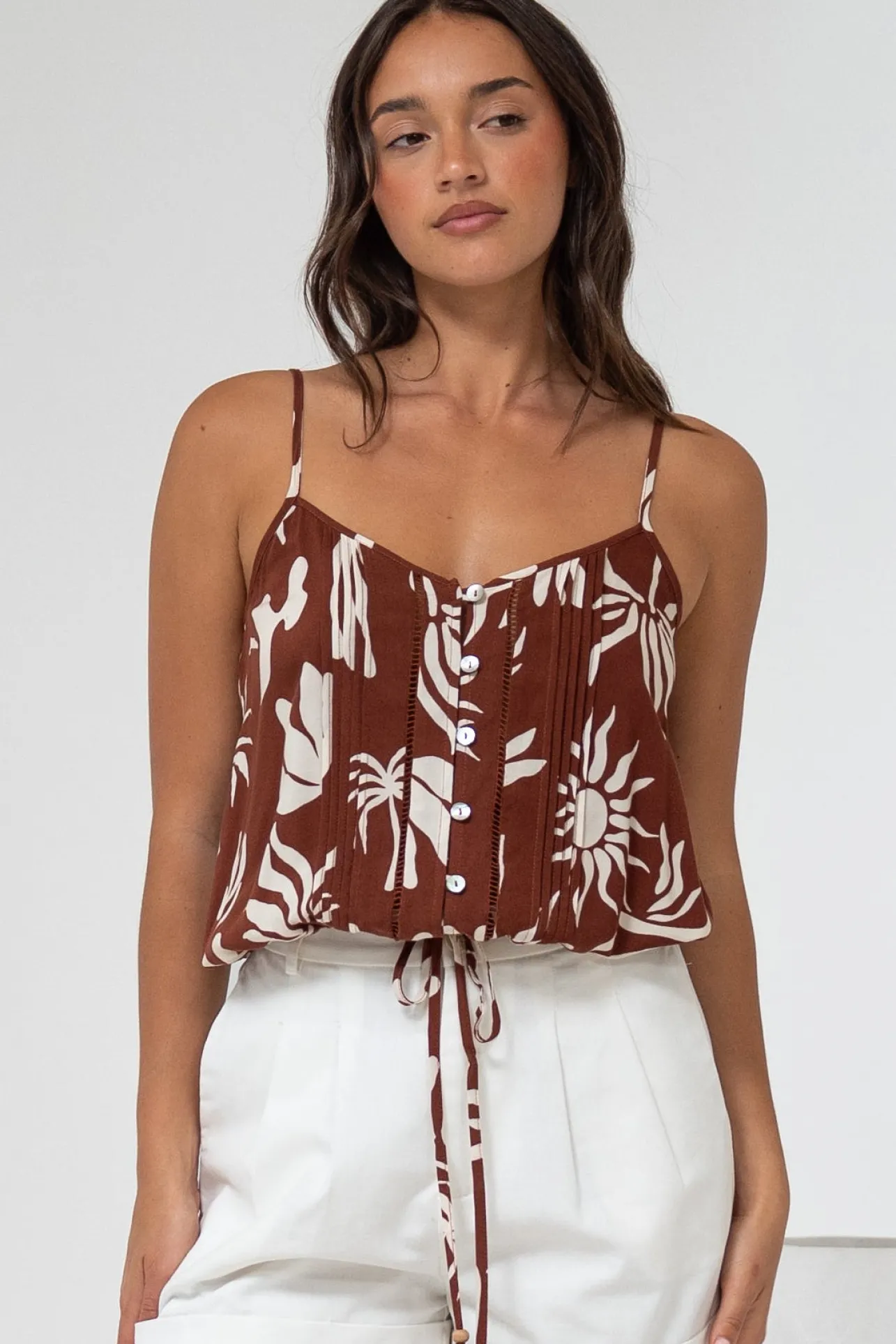 Jade Crop Top - V-Neck Button Down Pull Tie Waist Crop in Stassie Print Brown>Salty Crush Discount