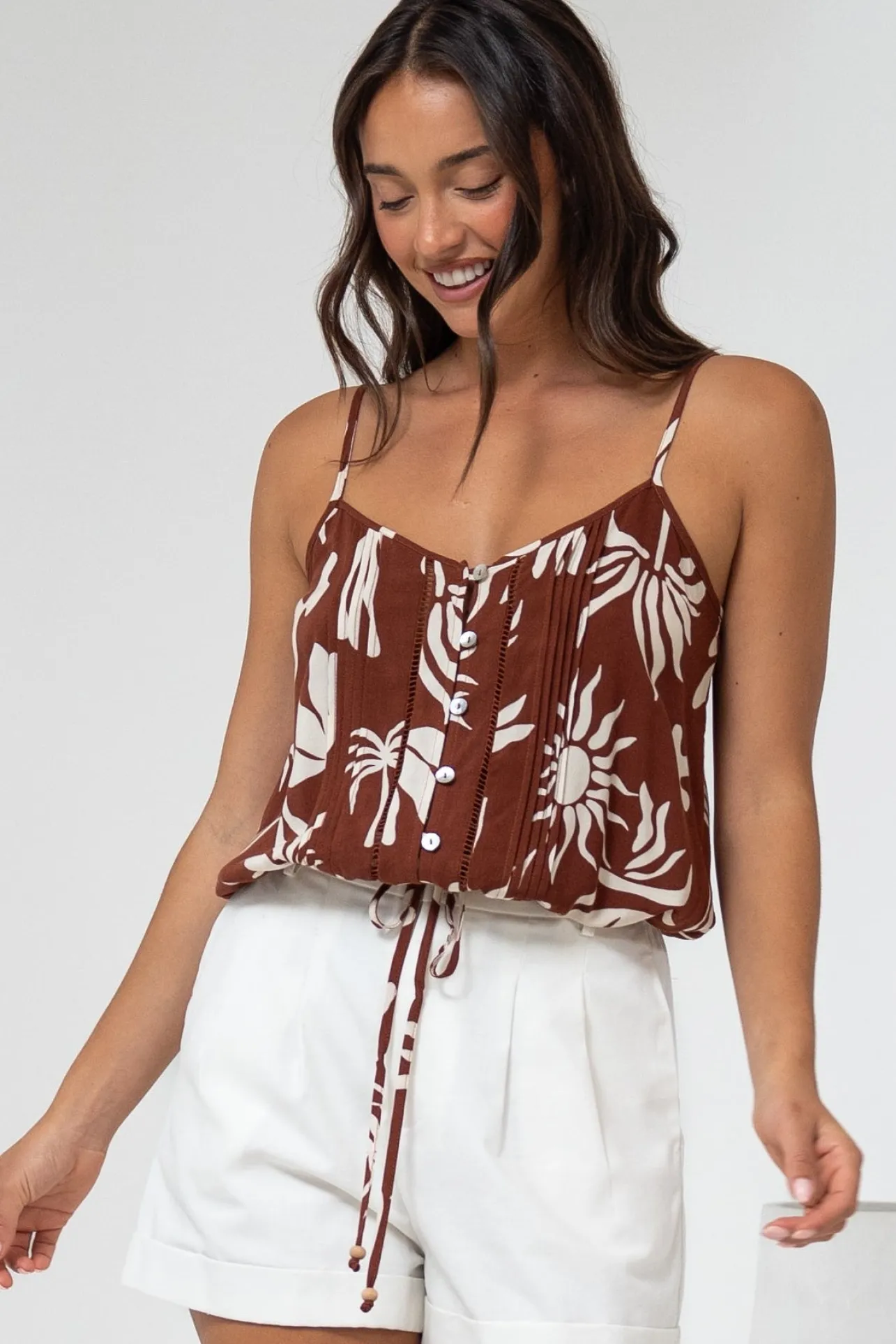 Jade Crop Top - V-Neck Button Down Pull Tie Waist Crop in Stassie Print Brown>Salty Crush Discount
