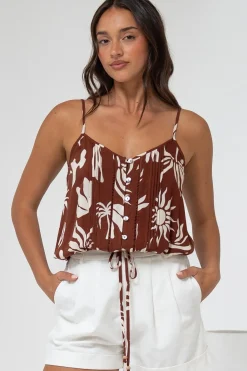 Jade Crop Top - V-Neck Button Down Pull Tie Waist Crop in Stassie Print Brown><noscript><img width=