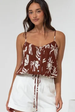 Jade Crop Top - V-Neck Button Down Pull Tie Waist Crop in Stassie Print Brown><noscript><img width=