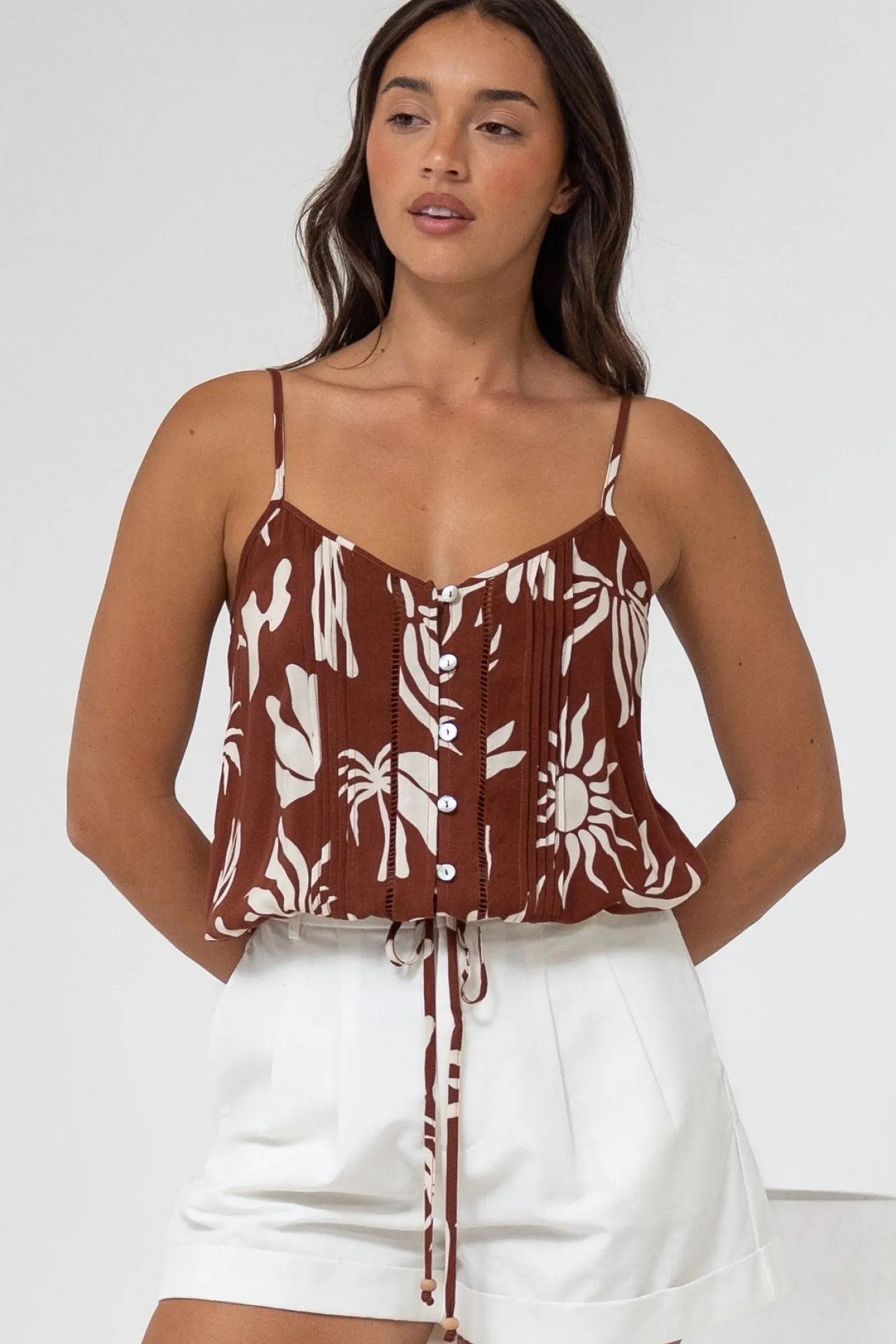 Jade Crop Top - V-Neck Button Down Pull Tie Waist Crop in Stassie Print Brown>Salty Crush Discount