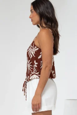 Jade Crop Top - V-Neck Button Down Pull Tie Waist Crop in Stassie Print Brown><noscript><img width=
