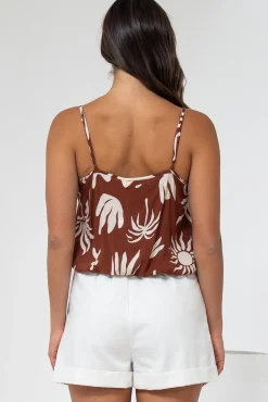 Jade Crop Top - V-Neck Button Down Pull Tie Waist Crop in Stassie Print Brown><noscript><img width=
