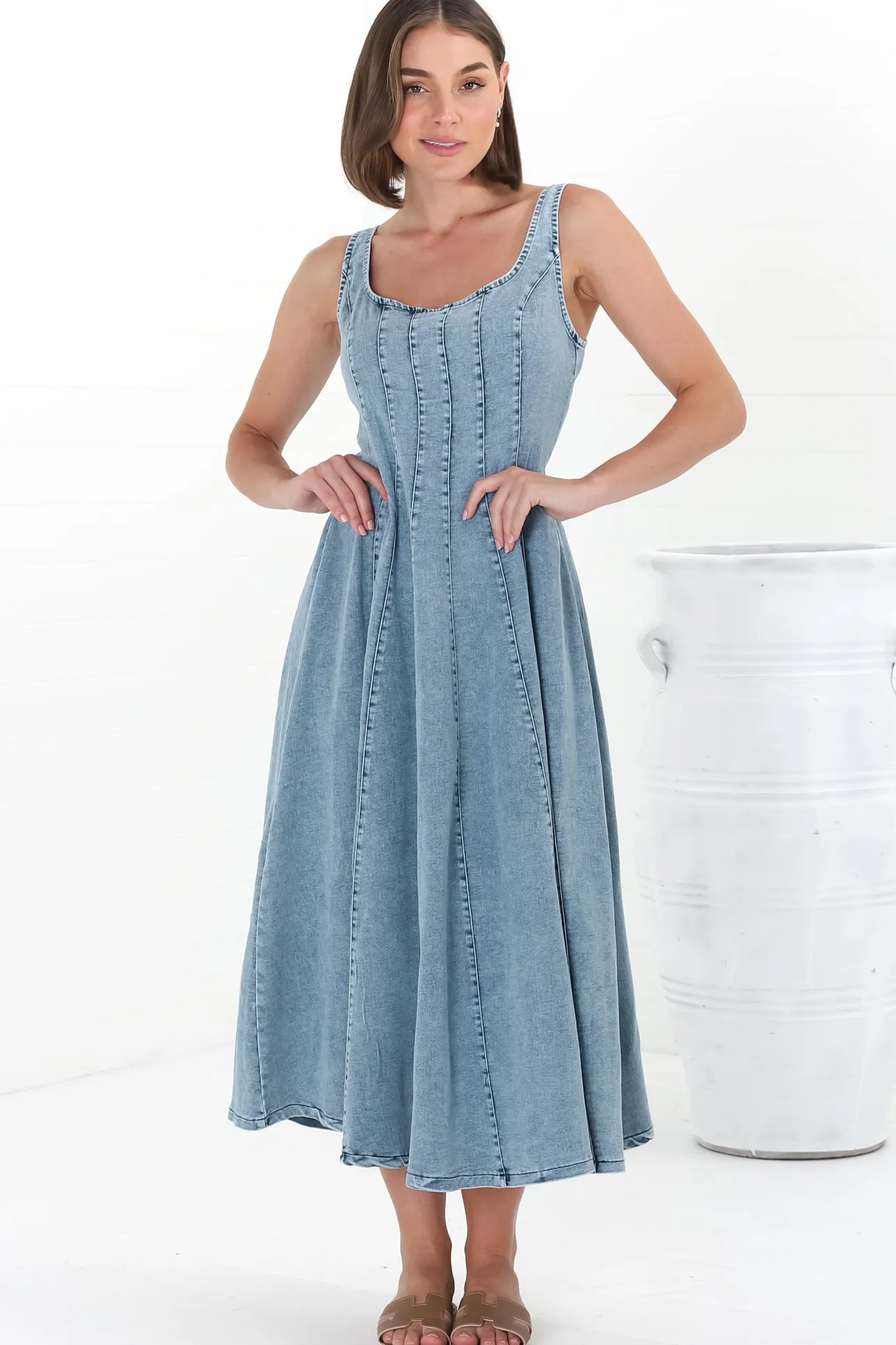 Jadely Midi Dress - Adjustable Strap A-Line Denim Sun Dress in Light Denim>Salty Crush Best